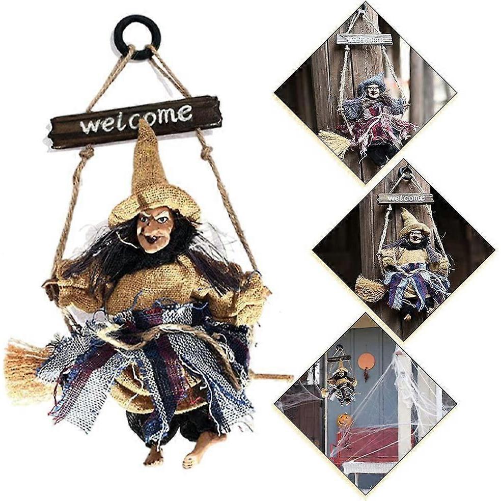 Witch pendant welcome house sign haunted house props and yellow hat.