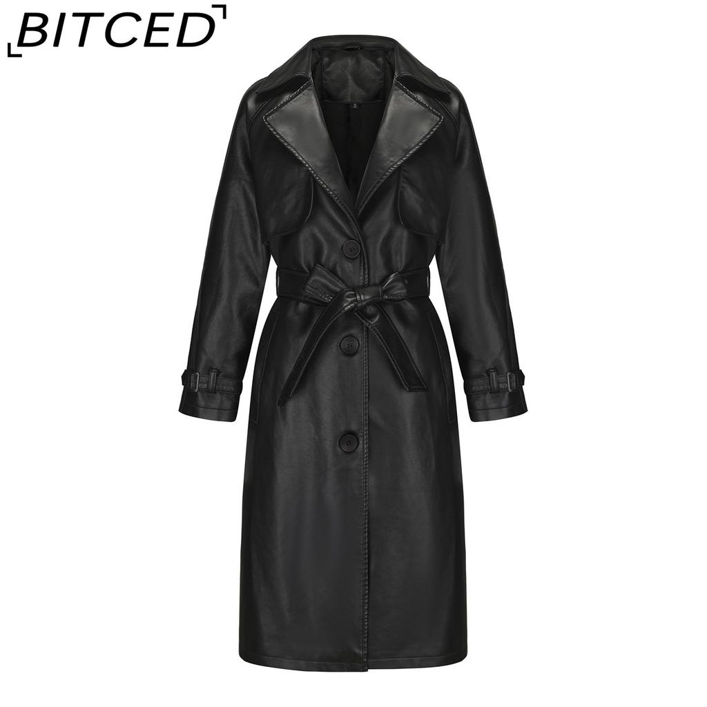 BITCED Spring/Autumn Women's Trench Coat - Long, Loose-Fit Jacket In PU Leather Classic Women's Collared Coat with Belt