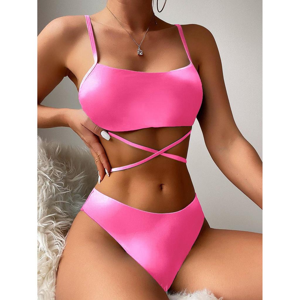 Swimsuit Women's Split Three Piece Set Tie Dye Lace Up Sexy Bikini Sets For Female Halter Drawstring Swimwear