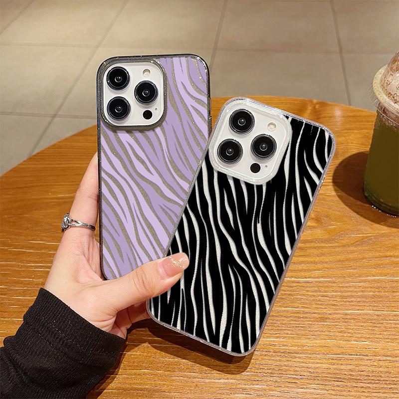 Ударопрочный блестящий силиконовый чехол для iPhone 16 Plus 15 14 Pro Max 13 12 11 TPU мягкий тонкий чехол с узором в полоску зебры
