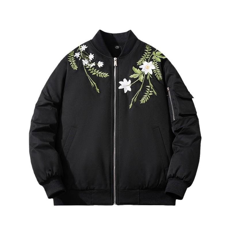 Mens Oversized Streetwear Bomber Jacket With Embroidered Floral Warm Lined Cotton Blend Casual Winter Outerwear