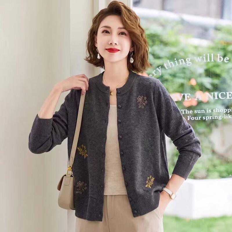 Jianhu Women's Elegant Crewneck Knit Cardigan for Mature Women