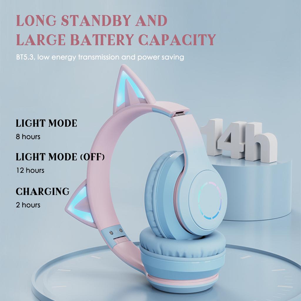 Светящиеся наушники с кошачьими ушками, складная игровая гарнитура с наушниками и разноцветной подсветкой, беспроводная связь BT5.3