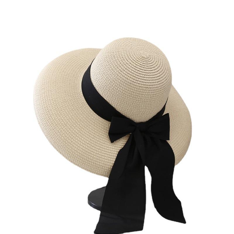 Hepburn Hat Female Black Straw Hat Sunscreen Vacation Seaside Beach Sun Hat Summer Big Brim Sun Hat Big Brim