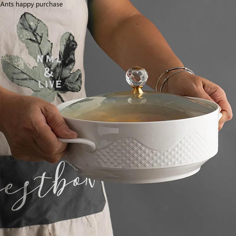 Северная Европа Главная Керамика Бинауральная чаша со стеклянной крышкой Хрустальная ручка Белая большая миска Суповая тарелка Декоративная посуда