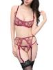 Embroidered Open Bust Open Crotch Garter Belt and Stockings Sexy Lingerie Set [ONE LADY] Women's Bra, T-Back, (Pink, M)