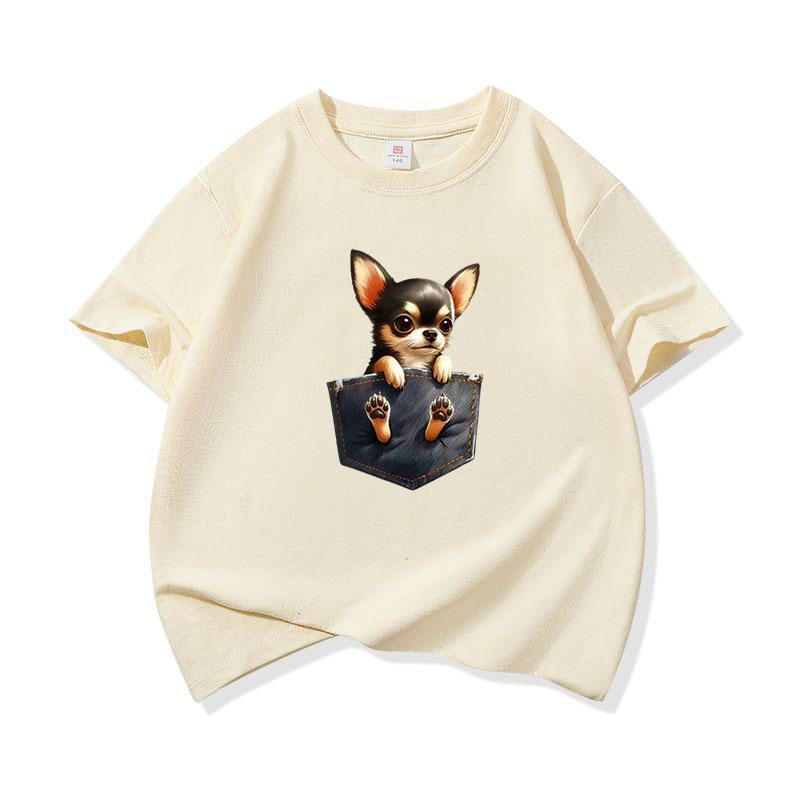 Kids Cotton T Shirt Tiny Pocket Chihuahua Puppy Dog Print Crew Neck Short Sleeve Tee Casual Boys Girls Summer Tops