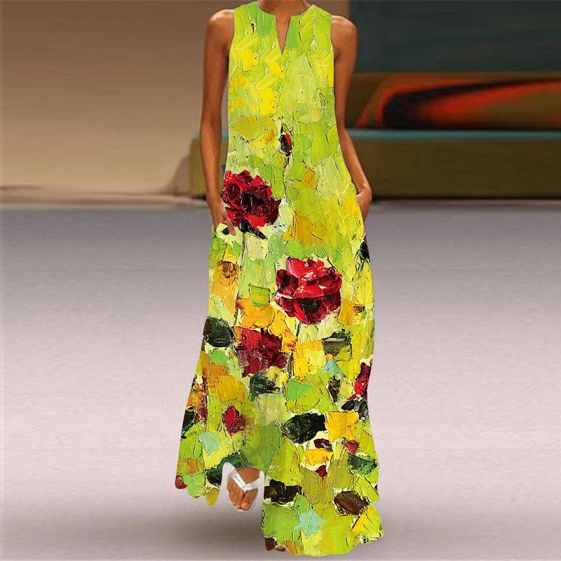 IHUASU Summer Spring Print Vintage Print Long Skirt V-neck Multi-color Sexy Sleeveless Dress