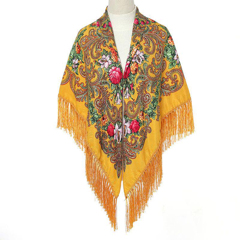 Ethnic Russian Print Tassel Shawl & Cardigan Scarf - High-End Dual-Use Square Design