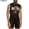 Men Zip-up Sleeveless Print Fitted Short Jumpsuits Rompers Underwear