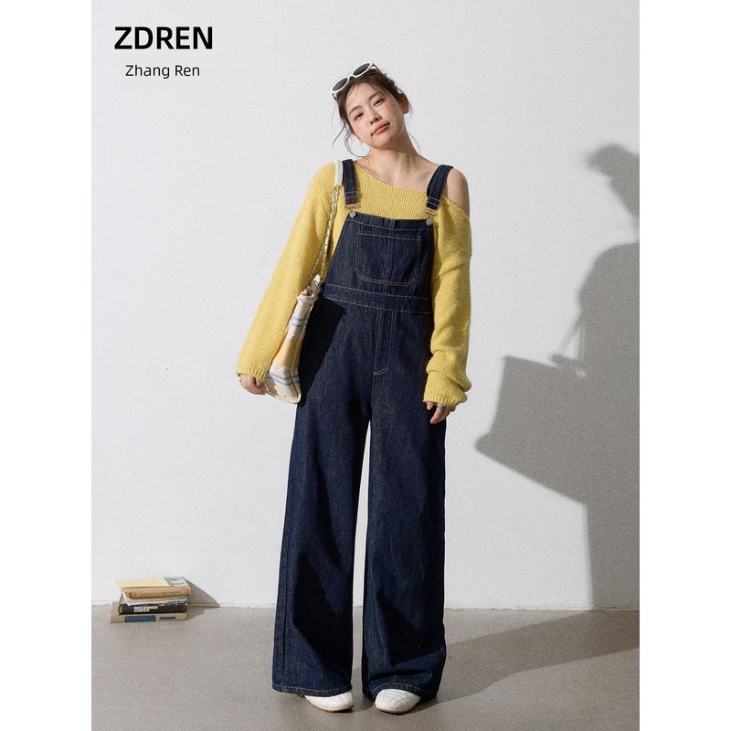 Zhang Ren Plus Size Women's Clothing Fat Sister mm Slimming Suit Atmosphere off-the-Shoulder Small Fresh Sweater Denim Suspenders