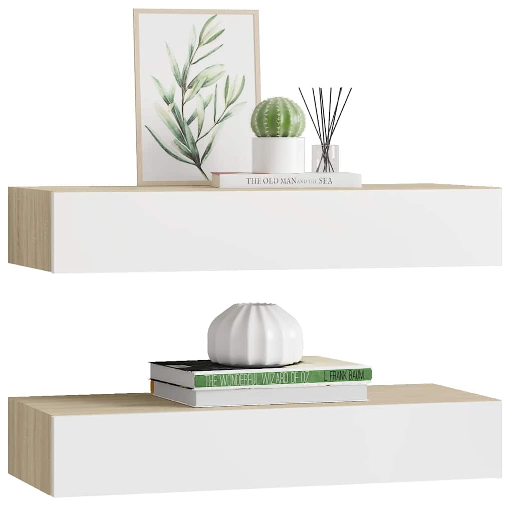 Vidaxl Półki Ścienne Z Szufladą 2 Szt., Dąb I Biel, 60X23,5X10 Cm, Mdf