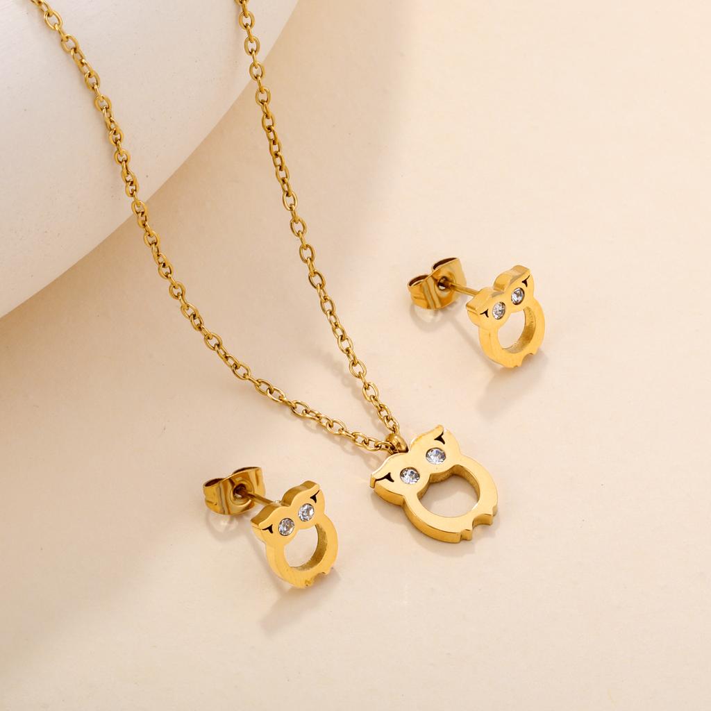 Fashion Cute Owl Charms Pendant Necklace Delicate Owls Animals Small Earrings Stud Titanium Steel Jewelry Set Young Teenagers