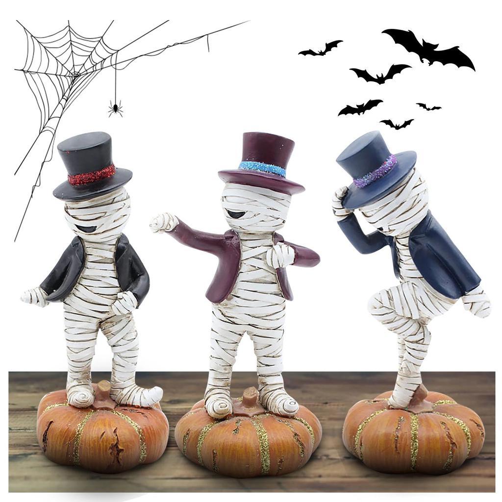 3pcs Mummy Dancing On The Pumpkin Halloween Resin Decorations Mummy Statues Party Holiday Decorations Figurines Gift