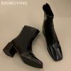 Leather Women Snow Ankle Boots Mid Heels Designer Pumps Square Toe Chunky Fashion Shoes Winter 2024 Trend New Goth Botas Mujer