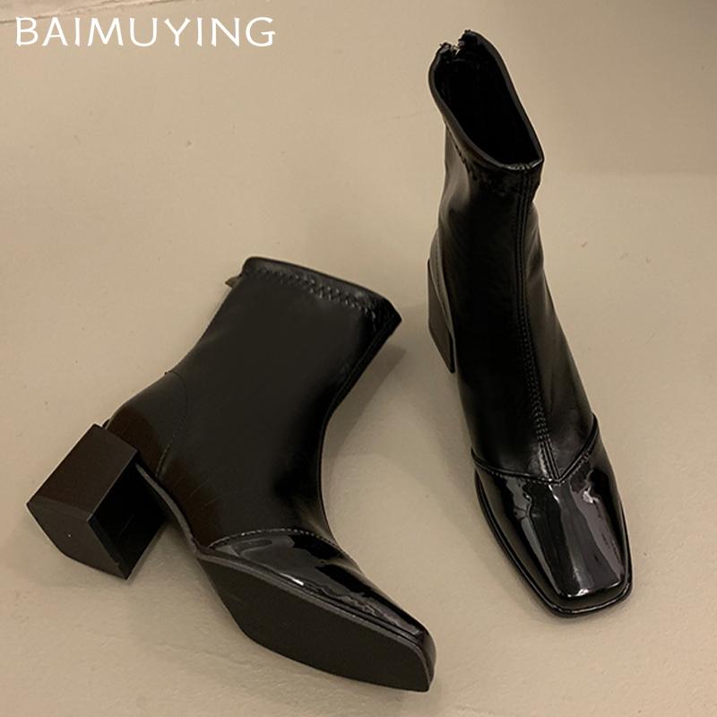 Leather Women Snow Ankle Boots Mid Heels Designer Pumps Square Toe Chunky Fashion Shoes Winter 2026 Trend New Goth Botas Mujer