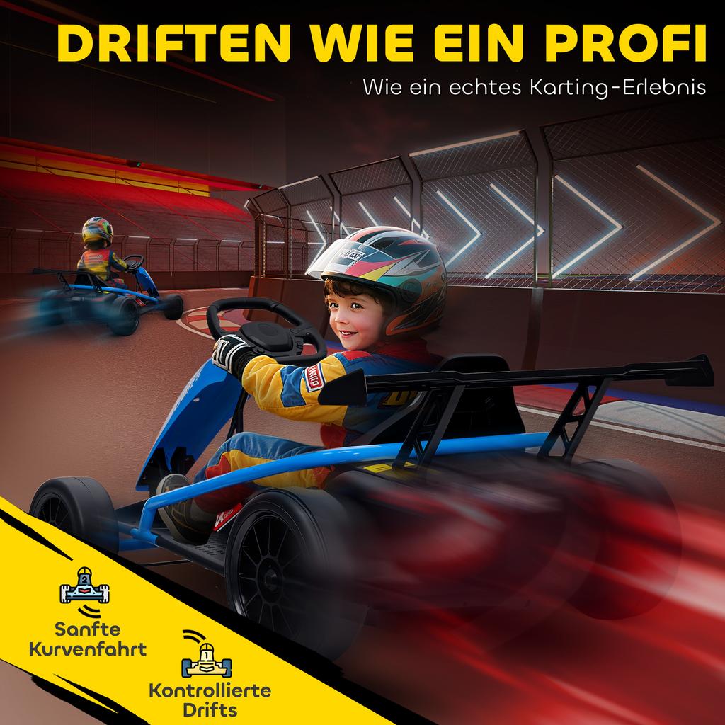 24V Electric Go Kart For Driving And Drifting Nylon Tires Safety Belt Horn Music For 8 12 Years Blue