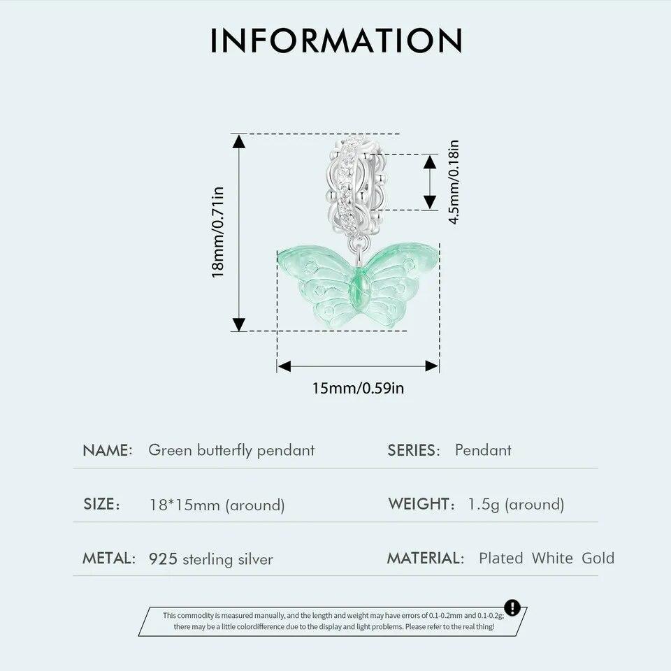 Bamoer 925 Sterling Silver Romantic Mint Green Butterfly Pendant Charms for Women Bracelet & Necklace DIY Fine Jewelry Gift