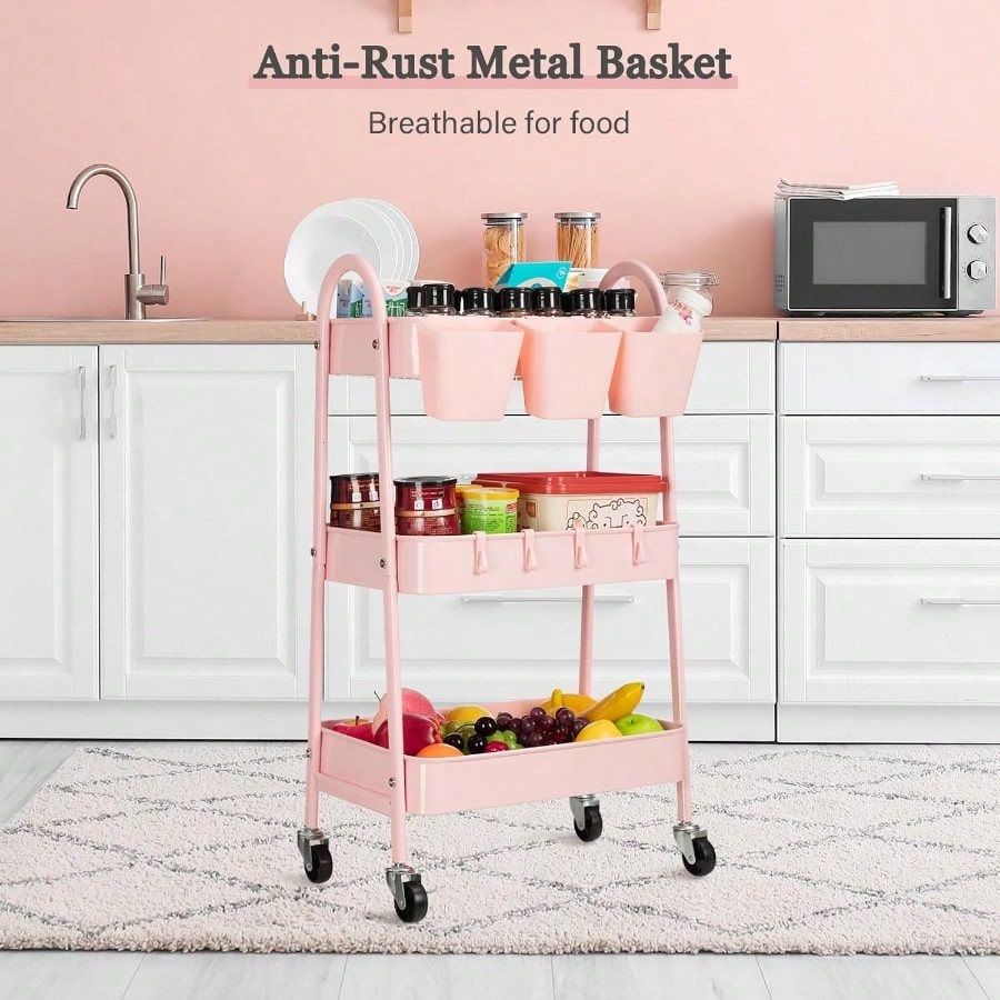 3-Tier Rolling Utility Cart With Lockable Wheels, Mobile Metal Storage Cart With Hanging Cups And Hooks For, Bathroom