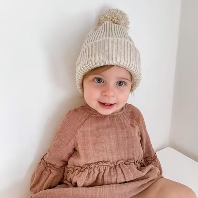 Большая шапка-бини с помпоном для малышей, вязаная, зимняя, теплая, для новорожденных, для мальчиков и девочек, 0-12 месяцев