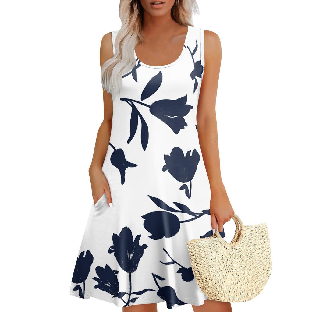 Women's Summer Casual U-shaped Tie Pocket Popular Floral Print Dress