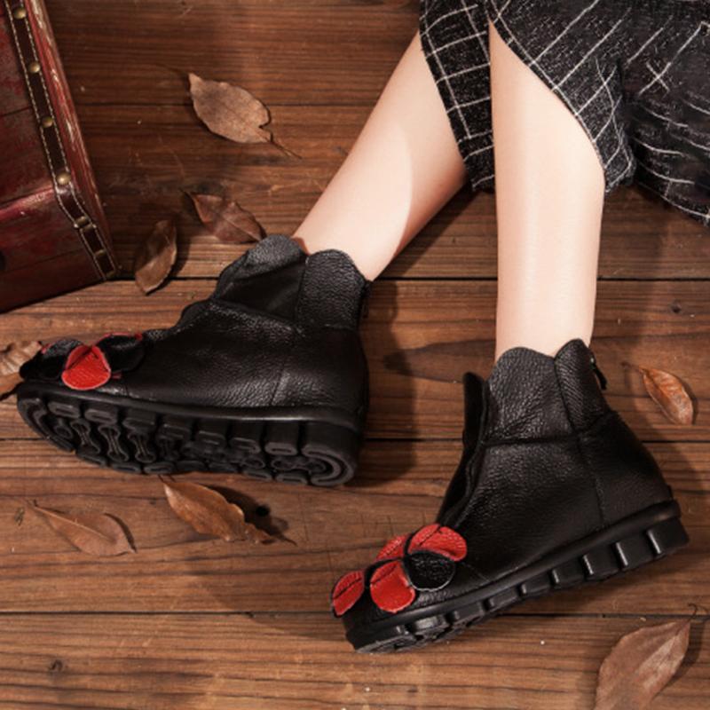 Ethnic Genuine Leather Shoes Women Vintage Boots and Shoes for Autumn Womens Retro Boots Boho Style Shoes Ladies Red Ankle Boots