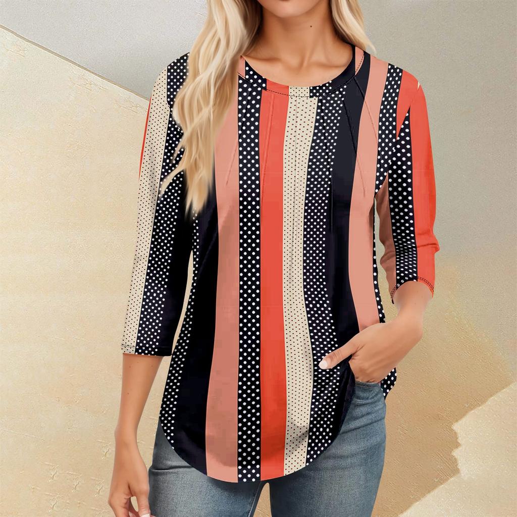 Женский повседневный универсальный топ с круглым вырезом и цветочным узором в горошек и длинными рукавами