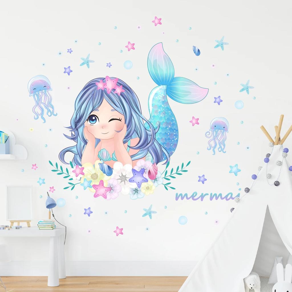 Cute Cartoon Mermaid Jellyfish Starfish Wall Stickers for Kids Room Decor Bedroom Home Decoration Decals