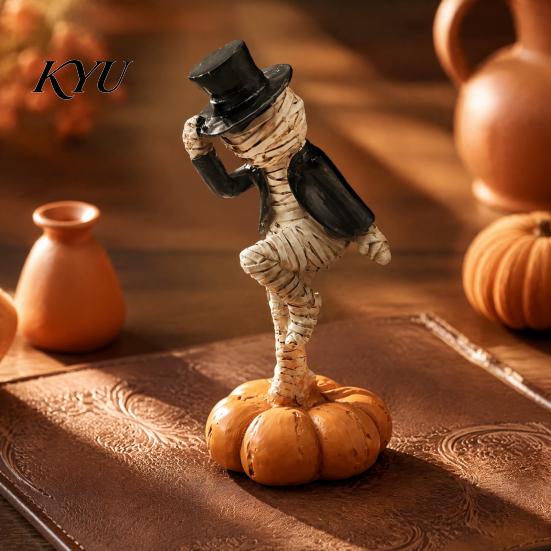 Retro Halloween Home Accents Dancing Mummy Figurines with Pumpkin Base, Funny Gentleman Top Miniature Display Piece Hat Statue, Spooky Tabletop Decor
