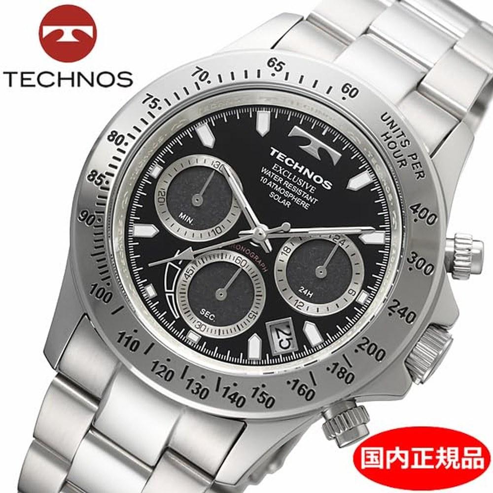 TECHNOS Солнечные часы TE4001SB Мужской Хронограф Черный Циферблат Нержавеющая Сталь