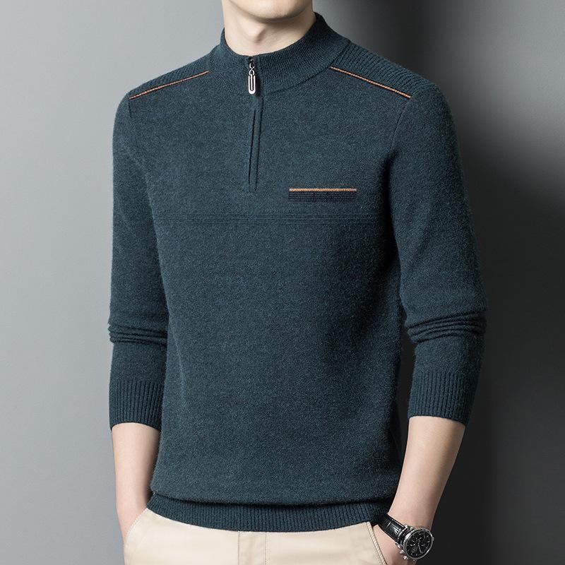 Зимний мужской шерстяной свитер, утолщенный свитер с застежкой-молнией и полуводолазкой, модный теплый вязаный свитер для папы для мужчин