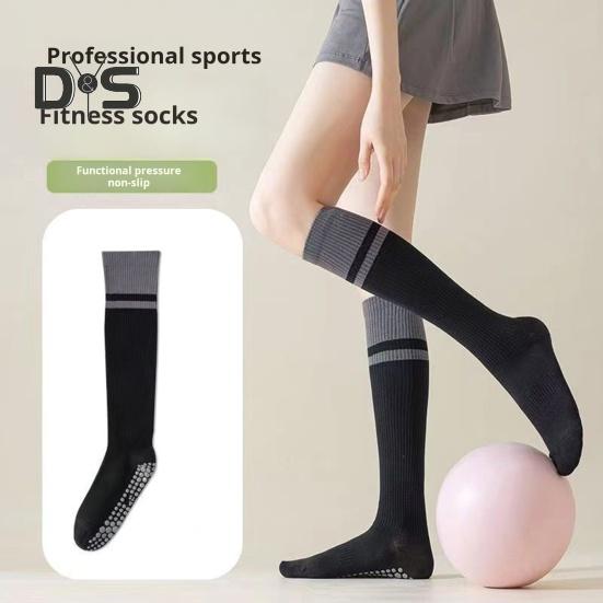 1 Pair Women Sport Stockings Elastic Cycling Knee Socks Anti-slip Arch Support Silicone Bottom Contrast Color Stockings for Yoga Pilates Dance
