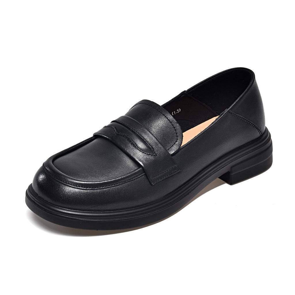 Round Head Small Leather Shoes Women's 2024 Spring Special Large Size Black First Layer Cowhide Basic Foot Loafers Are Specially Supplied by the Entit