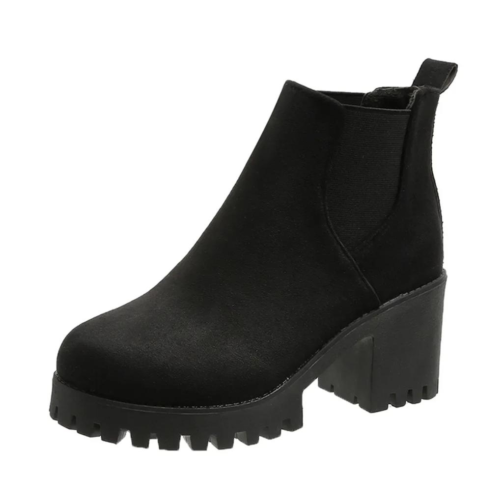Chunky Ankle Boots Women Square Heel 2025 Autumn Winter New Single Boot Frosted Black Height-raising Platform Heels