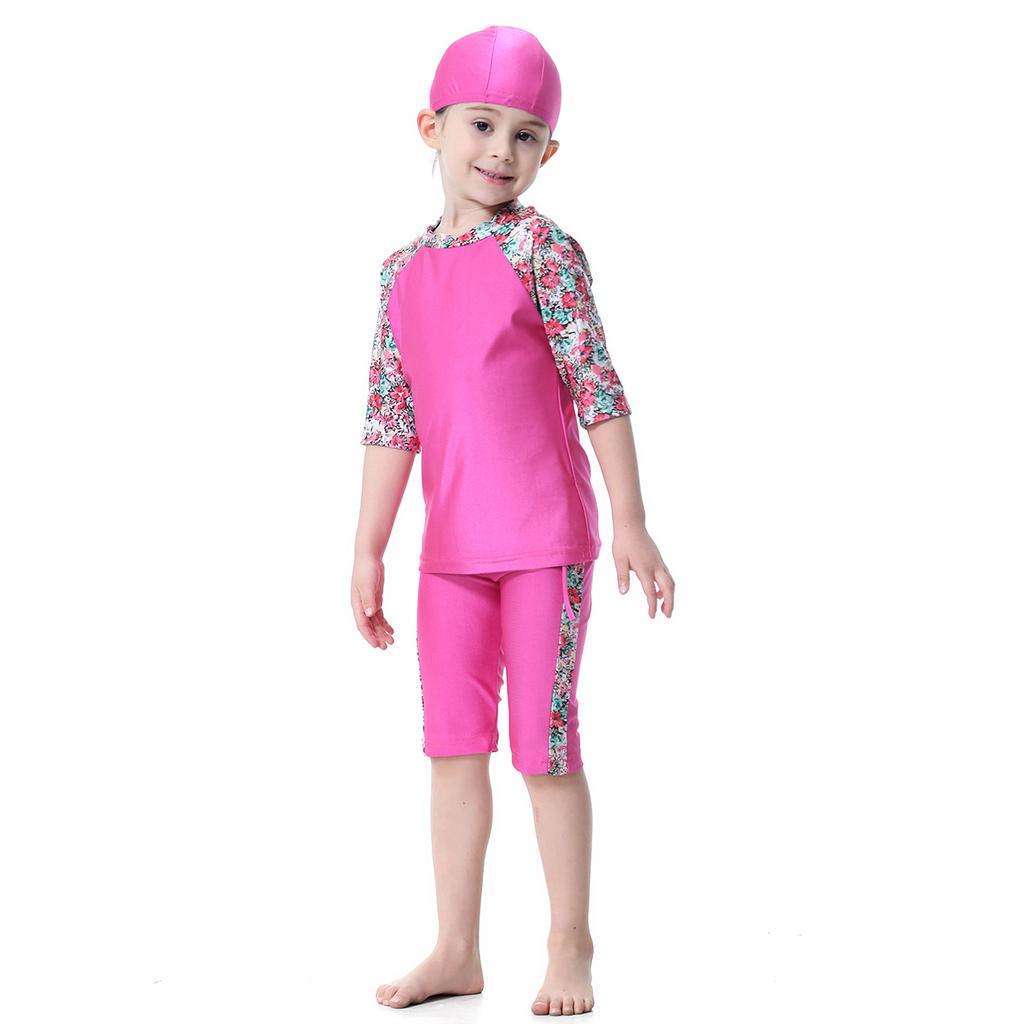 Three-Piece Swimsuit Girls Short Sleeve Print Floral Swimming Suit for Kids Swimwear Baby Children Swimming Bathing Suit with Cap