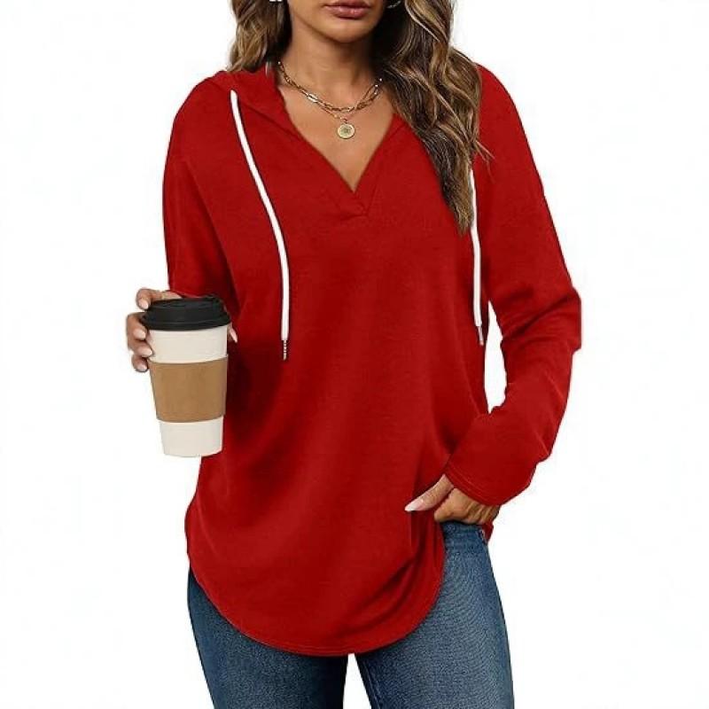 2026 Womens Solid Color V-Neck Long Sleeve Drawstring Hoodie Loose Fit Pullover Casual Top