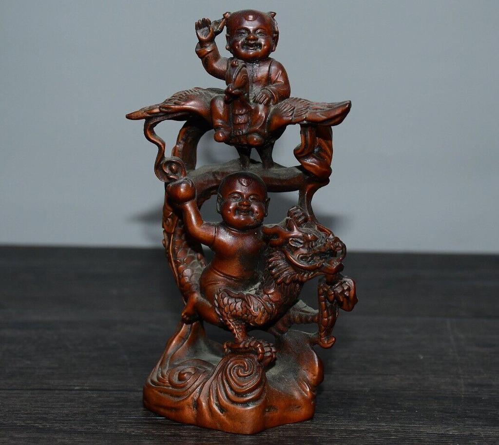 China Natural Boxwood Carved Exquisite Dragon Phoenix Children Statue Home Decor