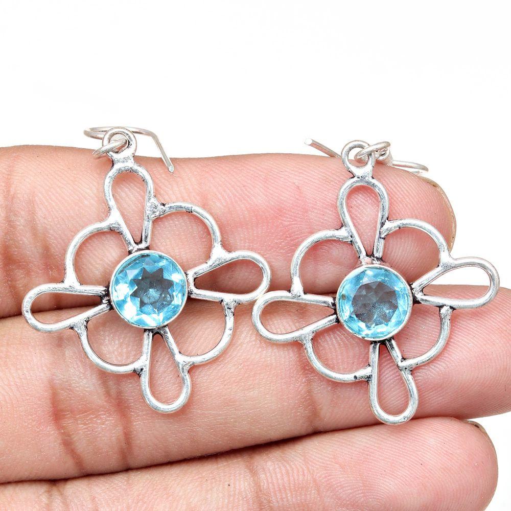 Swiss Blue Quartz Gemstone Gift For Her Silver Jewelry Earrings 1.5''