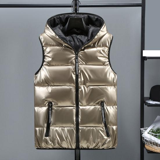 Autumn Winter Men Vest Cotton Padded Hood Solid Color Plus Size Bright Surface Thickened Jacket Streetwear