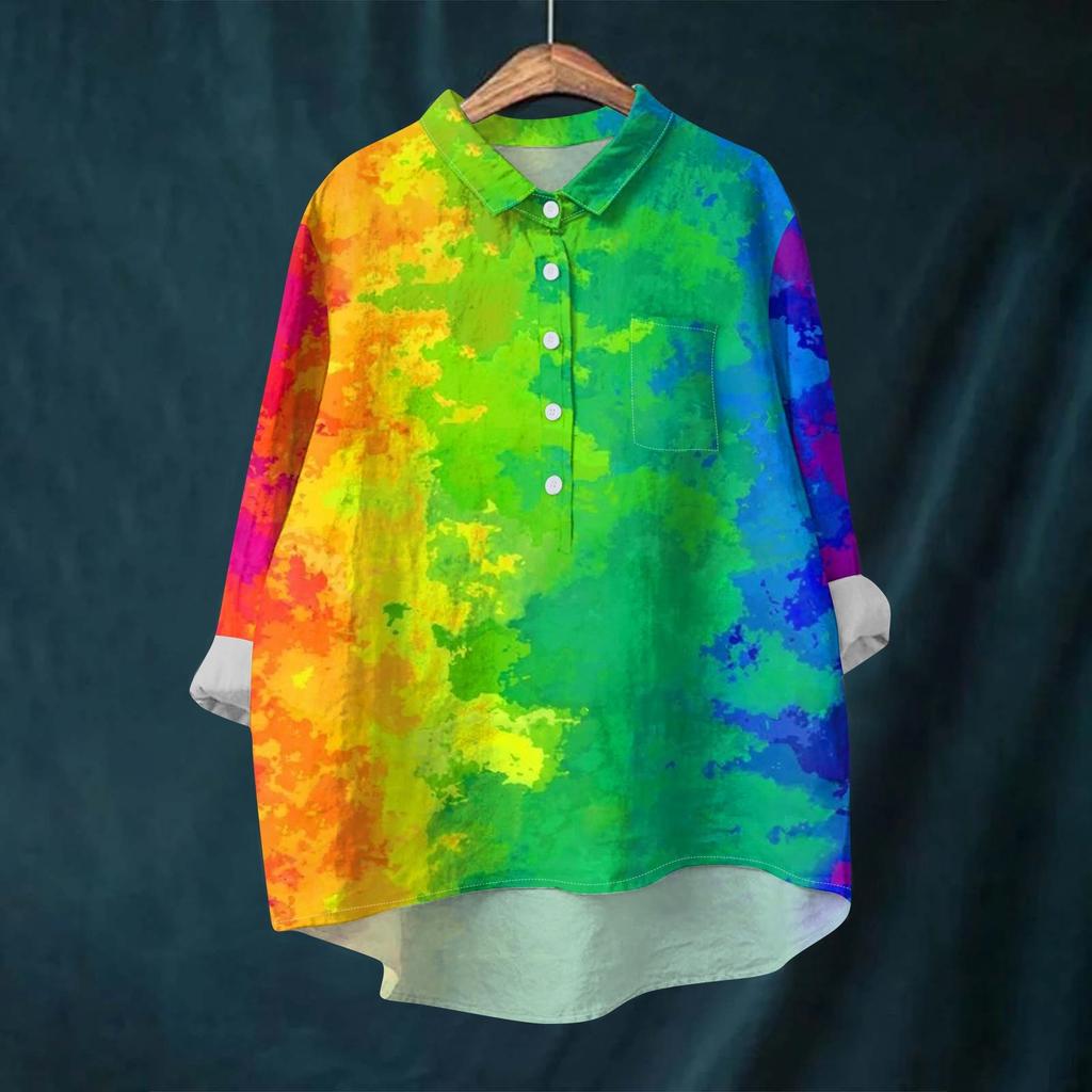 Женская рубашка-блузка с длинными рукавами и принтом на пуговицах, повседневный подол, нестандартный воротник рубашки