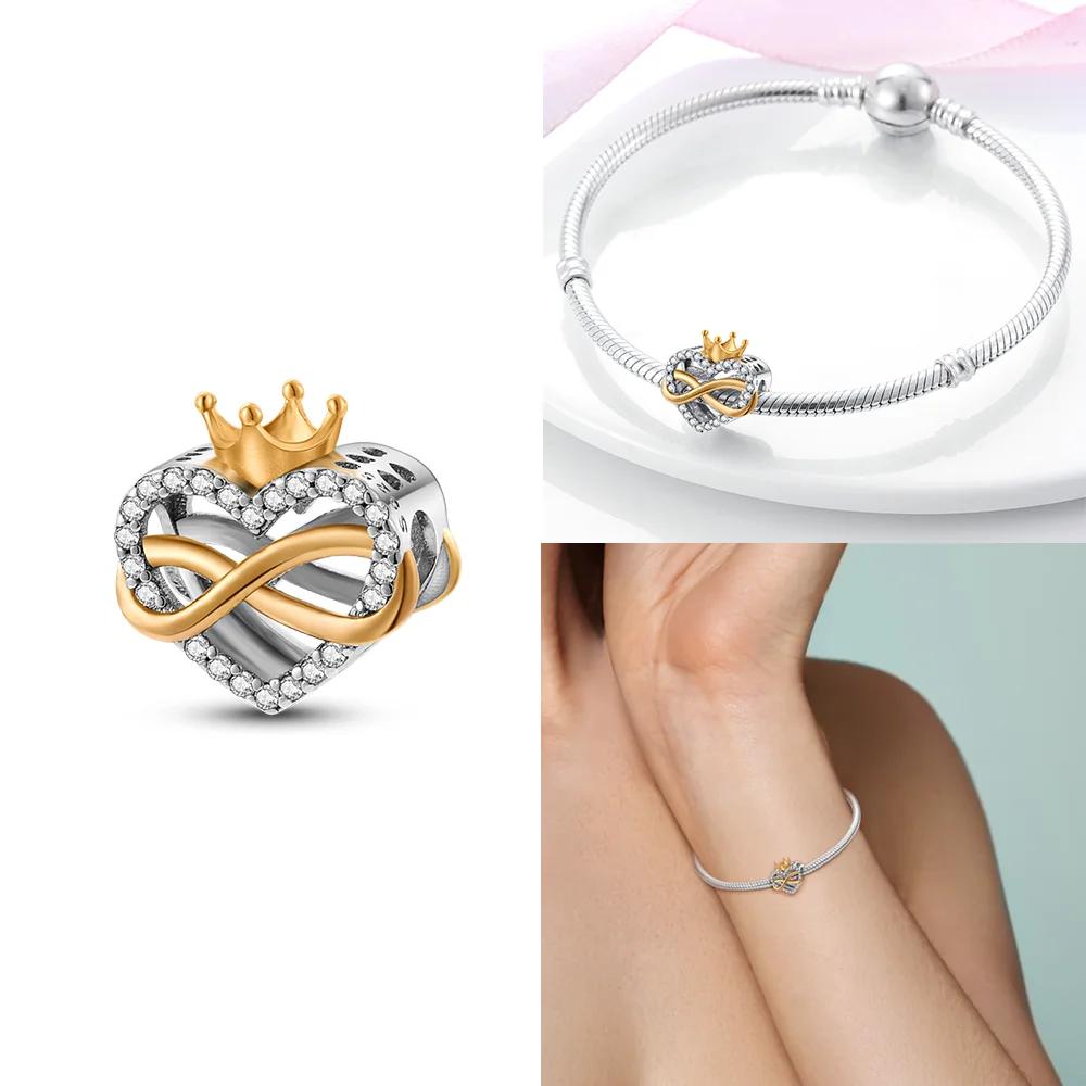 Классическая Бесконечная Любовь Розовое Сердце Корона Оригинальные Медные Шармы Бусины Подходят для Браслета Женские Украшения Сделай Сам Подарок Аксессуар для Изготовления