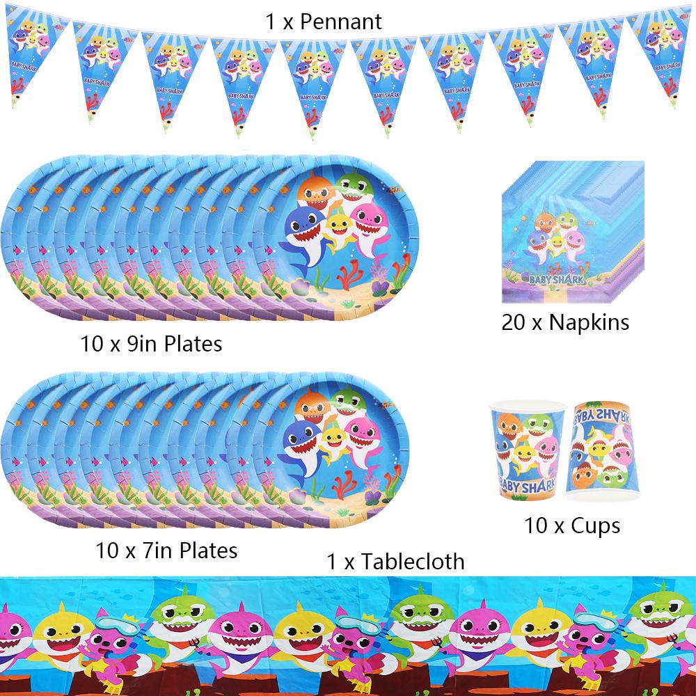 Набор посуды Baby Shark, 52 шт., включает в себя скатерть, вымпел, тарелки, чашки, салфетки
