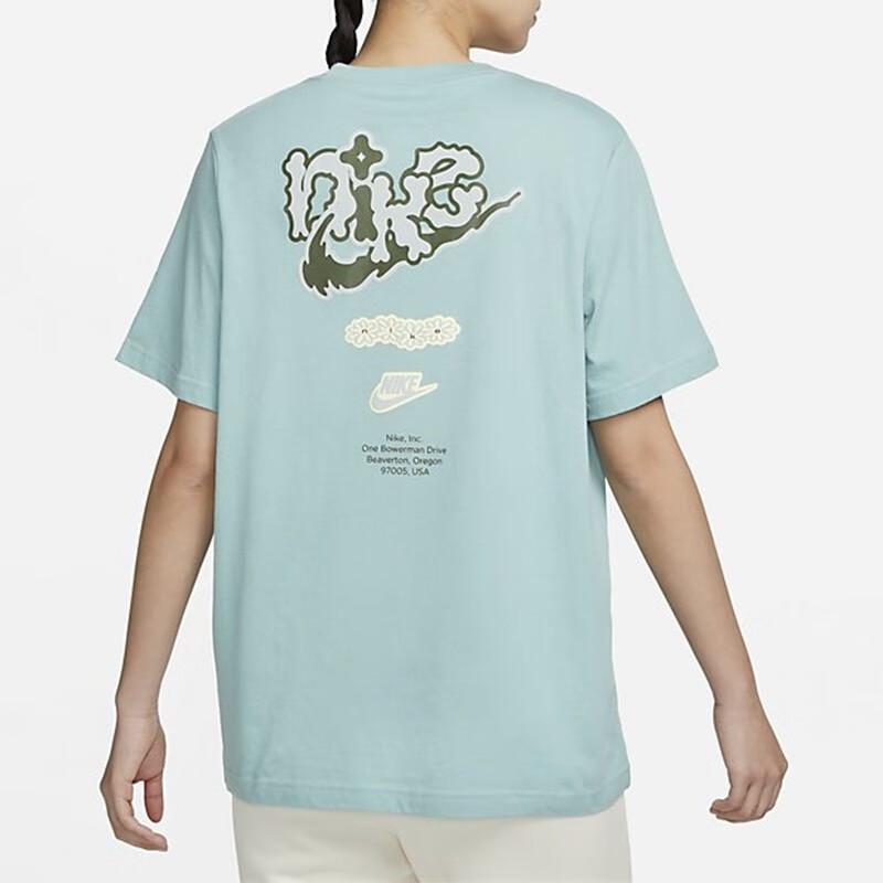 Nike Спортивный повседневный пуловер с графическим принтом и круглым вырезом, футболка с короткими рукавами, женские топы, синий FD2550-309