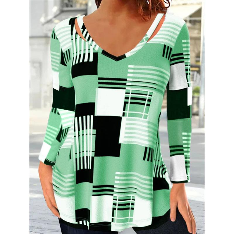 Women's V-neck T-shirt Summer Fashion Checkered Printing Long Sleeved Shirt Street Oversized T-shirt Harajuku Loose Tee 5xl Female Clothing