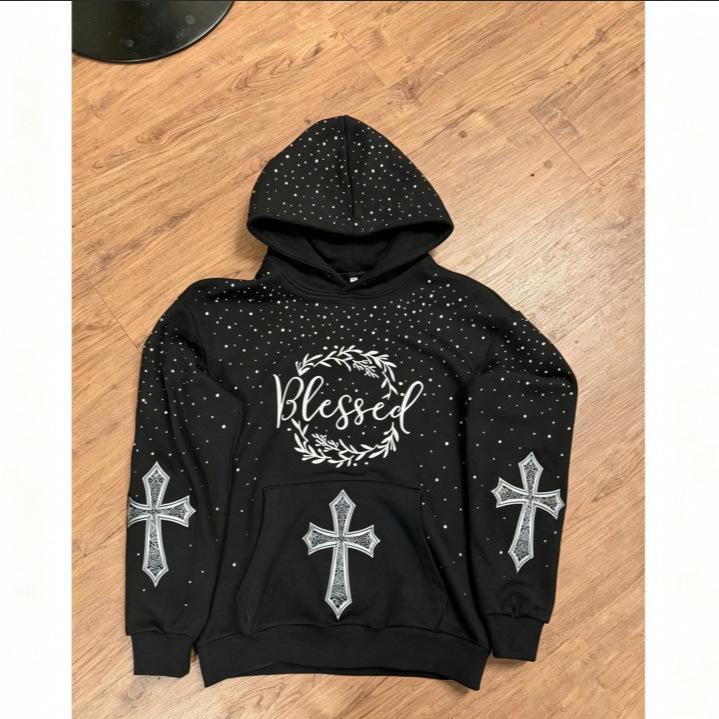 Y2K dark black starry sky print hooded loose sweatshirt cross print high street pullover hoodie jacket