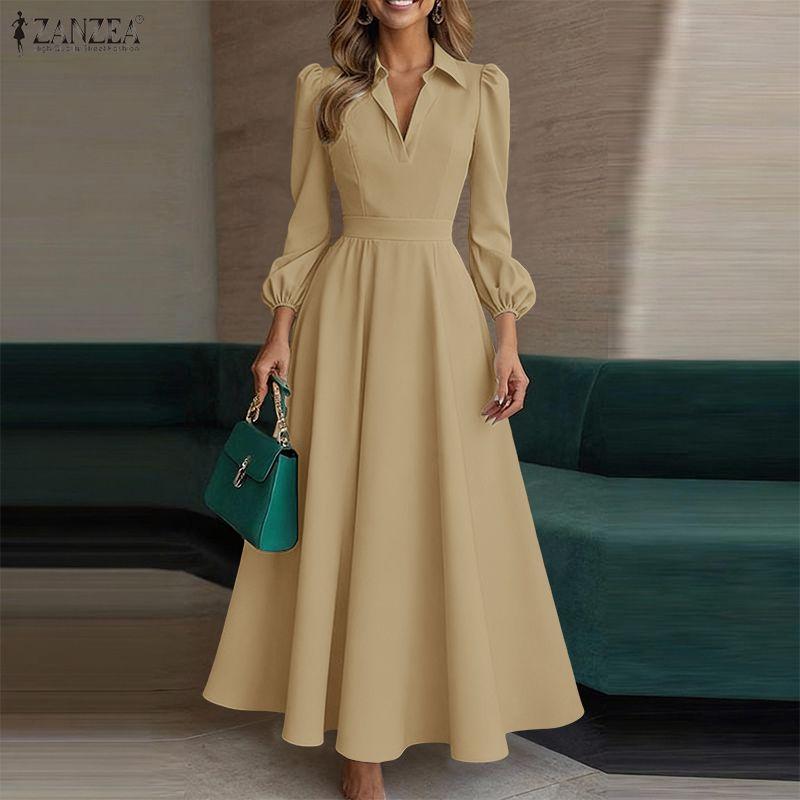 ZANZEA Женское повседневное свободное длинное платье с отложным воротником и длинным рукавом