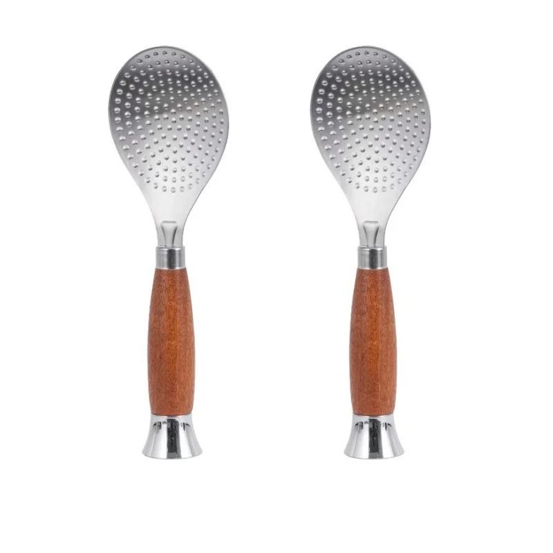 1/2Pcs Stainless Steel Rice Spoon Kitchen Wooden Handle Upright Rice Spoon Non Slip Non Stick Serving Rice Scoop Cooker Utensils
