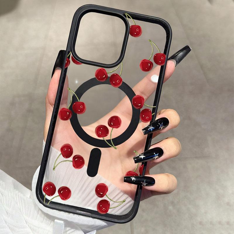 Магнитный чехол для телефона с рисунком красной вишни для iPhone 11 12 13 14 15 16 16e 17e 17 ProMax Plus Air Для Magsafe Беспроводная зарядка Чехол