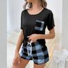 Women's Sleepwear French Two-piece Home Suit With A Short Sleeved Shirt And Checkered Pockets, Checkered Shorts Set