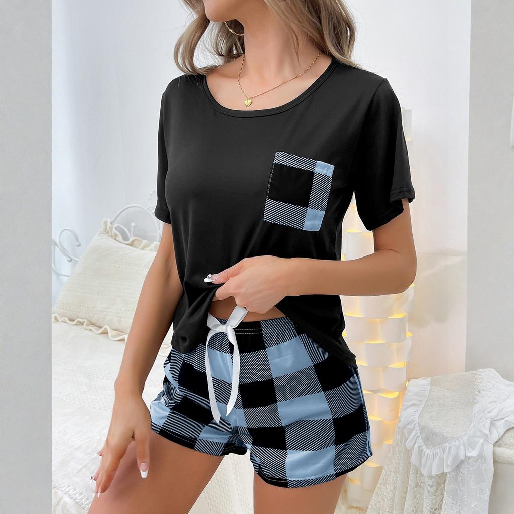 Women's Sleepwear French Two-piece Home Suit With A Short Sleeved Shirt And Checkered Pockets, Checkered Shorts Set